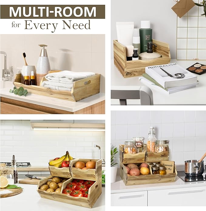 HOMESTEAD Wood Pantry Organizers Bins – Stackable Storage, Rustic Pantry Potato and Onion Storage with Unique Natural Grain, Wooden Basket with Handles, Set of 3 Pieces