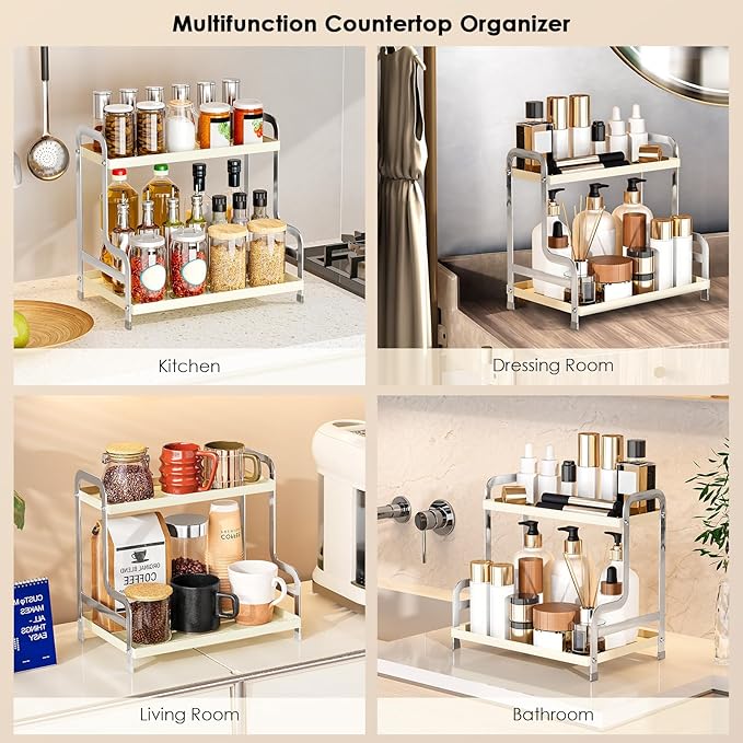 SanDream Bathroom Organizer Countertop, 2 Tier Bathroom Counter Organizer, Metal Sink Shelf for Makeup Bedroom Corner (White)