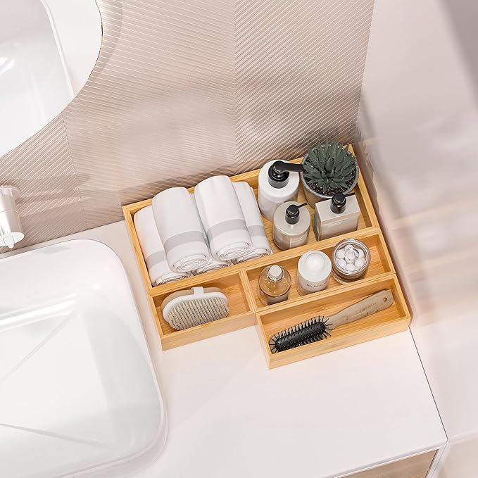 Greatseas Kitchen Drawer Organizer Bins, Stackable Bamboo Deep Drawer Organizer for Silverware, Utensils, Cutlery, Flatware, Junk Drawer, Dresser, Bathroom, 12" x 3" x 2.5" (Set of 2)