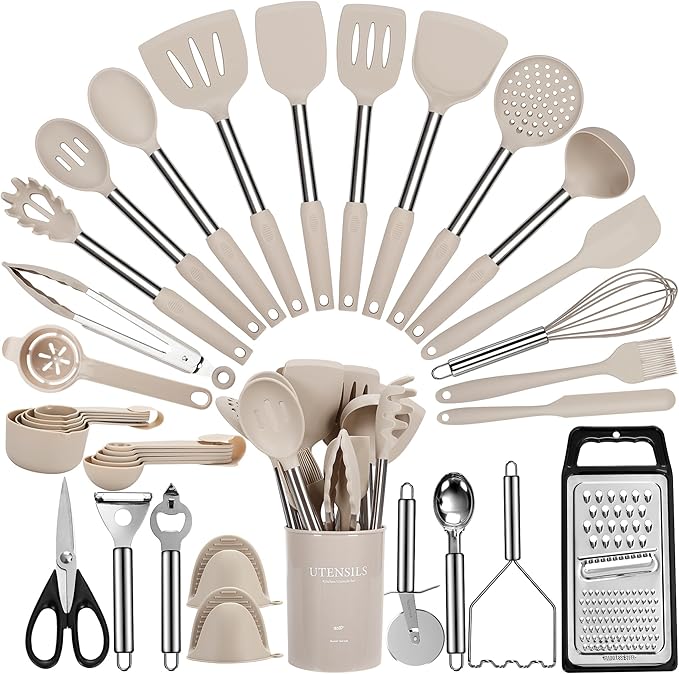 Large Cooking Utensils Set, 35 Pcs Silicone Kitchen Utensils Set with Holder, Stainless Steel Handle Spatula Set, Heat Resistant Food Grade Silicone Kitchen Gadgets for Non-stick Cookware (Khaki)