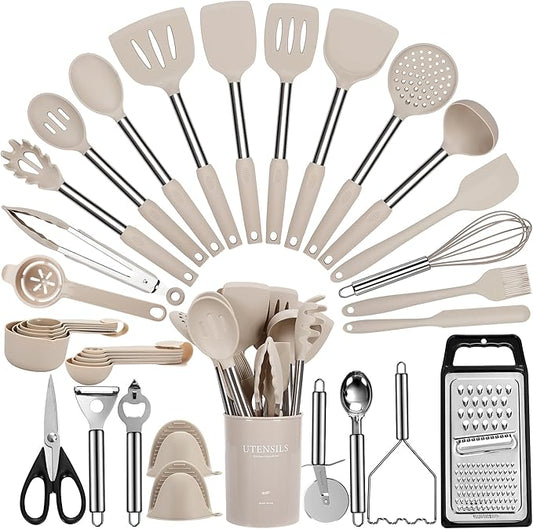 Large Cooking Utensils Set, 35 Pcs Silicone Kitchen Utensils Set with Holder, Stainless Steel Handle Spatula Set, Heat Resistant Food Grade Silicone Kitchen Gadgets for Non-stick Cookware (Khaki)