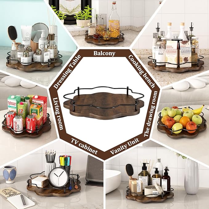 LIAISIMI 12" Lazy Susan Turntable Organizer,Round Wooden Lazy Susan Organization and Rotating Spice Rack for Dining Table,Pantry,Kitchen Countertop,Vanity,Cupboard and More.Vintage Wood(Petal Shape)
