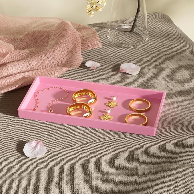 Mriluvy Vanity and Bathroom Tray, 9.8" ABS Countertop Organizer,Waterproof Vanity Tray for Toilet Tank,Perfume,Soap,Keys,Bathroom Accessories,Kitchen and Bath Trays,Non Slip Small Trays,Pink