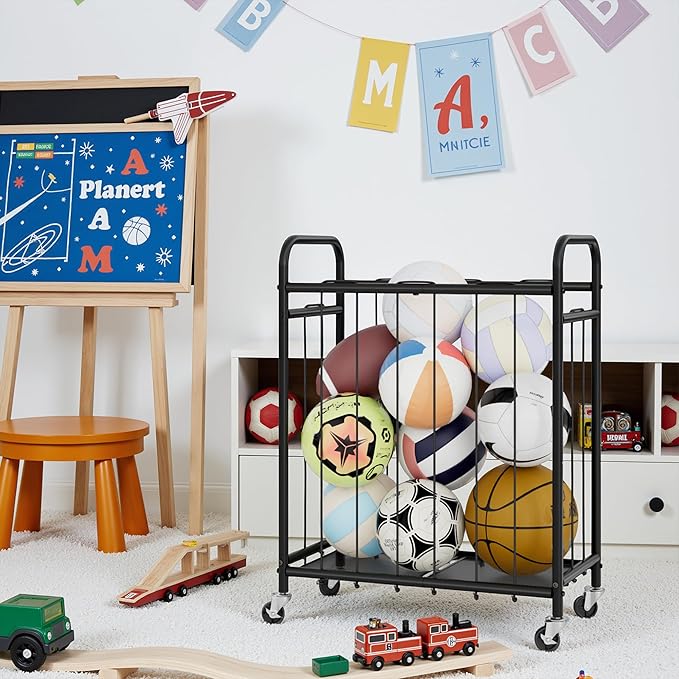 StorageWorks Ball Storage with Wheels, Ball Cart for Garage, Garage Sports Equipment Organizer, Balls Organizer for Basketball, Football, Volleyball
