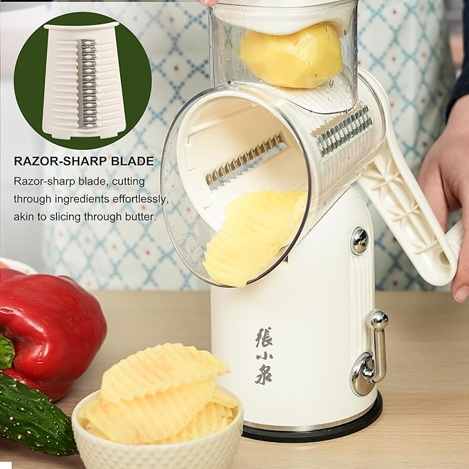 Rotary Cheese Grater Hand Crank with 5-in-1 Interchangeable Blades & Strong Suction Base Vegetables Shredder Manual Slicer for Kitchen, Cream