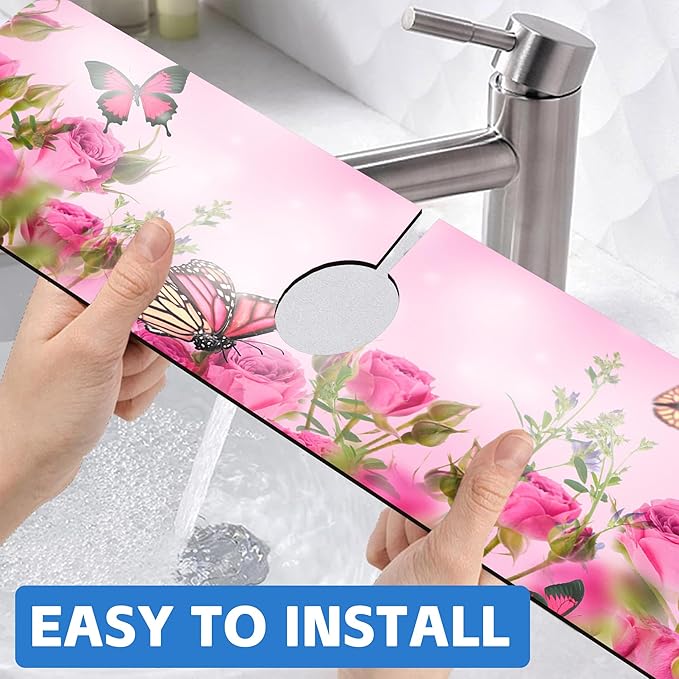 Pink Rose Bouquet Butterfly Kitchen Sink Splash Guard Mat Absorbent Fast Drying Mat Faucet Draining Mat Sink Splash Guard Behind Faucet Drip Catcher for Kitchen Bathroom 5.5"×24"