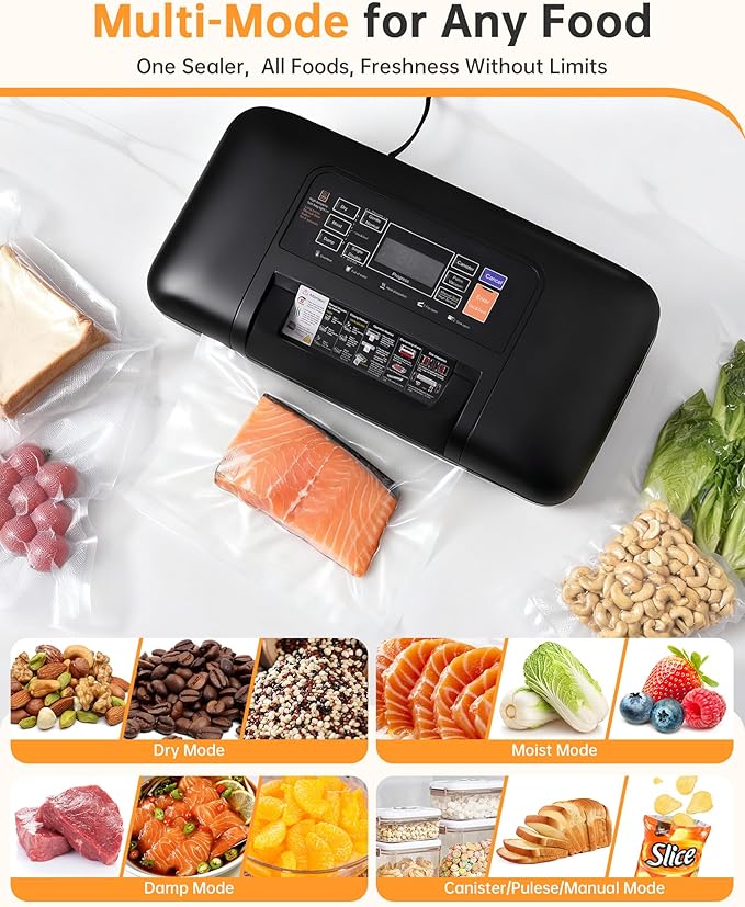 85kPa Commercial Vacuum Sealer with 2X Heat Seal, Countertop Chamber Food Sealer with Continuous Sealing, Multiple Modes for Dry, Wet & All Foods, Built-in Cutter, Ideal for Sous Vide & Food Storage