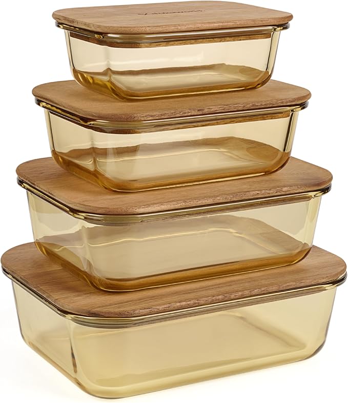 dokaworld Natural Acacia Lids Set for Food Storage Glass Containers (4pcs) - Lids are compatible with all Glass Food Storage Containers Sets