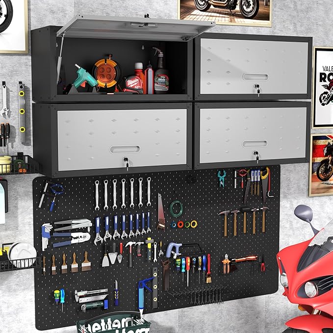 BIZOEIRON Garage Wall Cabinet with Flip-Up Door, Lockable Metal Storage Cabinet Wall Mounted, Hanging Tool Cabinet for Garage Basement Utility Room (Black &Grey)