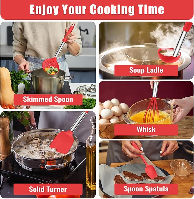 E-far 14 Pieces Silicone Cooking Utensils Set, Kitchen Utensils Set with Holder, Spatula, Ladle, Spoon, Tong, Slotted Turner for Nonstick Cookware, 446°F Heat Resistant & Stainless Steel Handle, Red