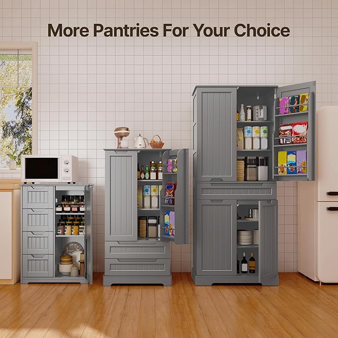 Gizoon Small Kitchen Pantry with Door and Shelves, 33'' Pantry Cabinet Freestanding Wooden Bathroom Storage Cabinet with 4 Drawers for Kitchen and Dining Room, Gray