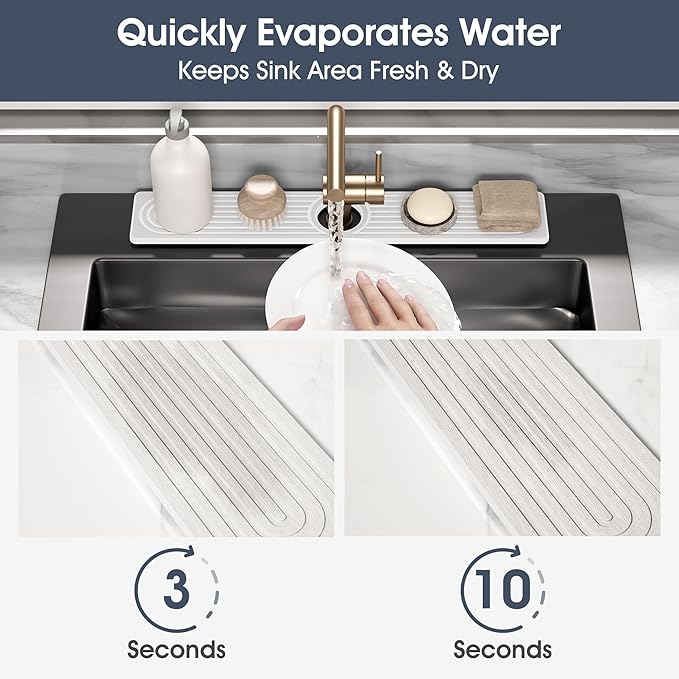 Quick Drying Stone Faucet Mat for Kitchen Sink - Diatomite Sink Mat Absorbing Stone Tray for Bathroom Counter, Sink Faucet Splash Guard Water Protector Matt for Kitchen Counter(White, 23.6" x 3.9")