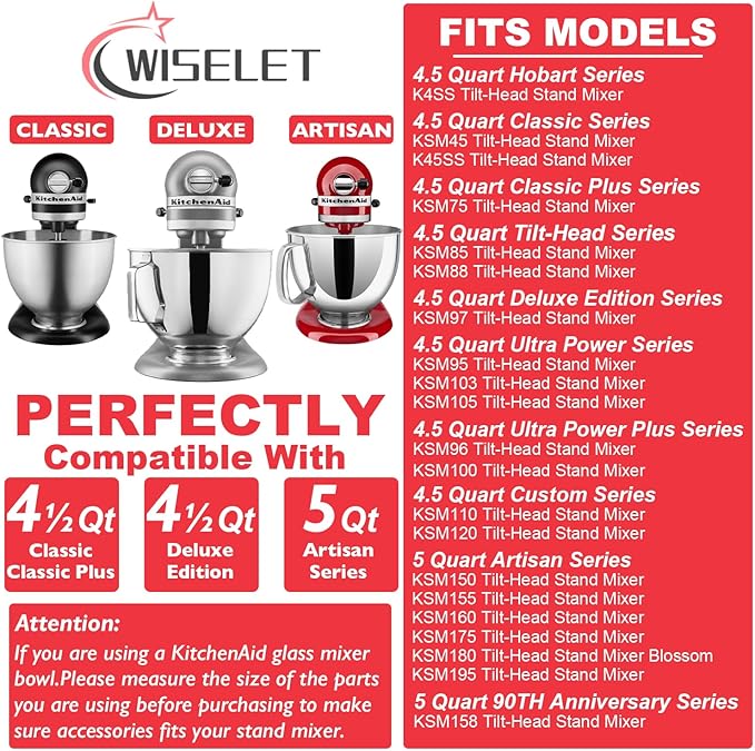 Wiselet Stainless Steel Accessories for KitchenAid 4.5-5 Qt Tilt Head Stand Mixer, Includes 6 Wire Whisk, Flat Beater, Dough Hook for KitchenAid, Dishwasher Safe and Heavy Duty, Fits for KSM45, KSM150