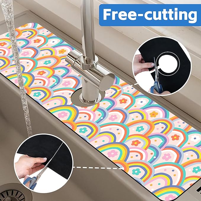 Boho Rainbow Hippie Floral Kitchen Sink Splash Guard Mat Absorbent Fast Drying Mat Faucet Draining Mat Sink Splash Guard Behind Faucet Drip Catcher for Kitchen Bathroom 5.5"×24"