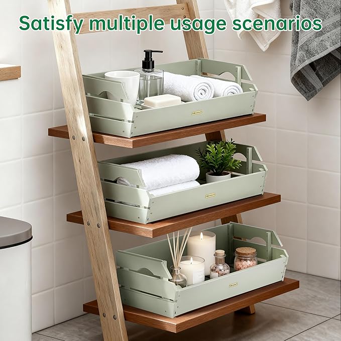 HABAU Potato Onion Storage Bin - Wood Stackable Produce Basket with Handles - Fruit and Vegetable Storage for Kitchen and Pantry Counter Organization - 3 Pack
