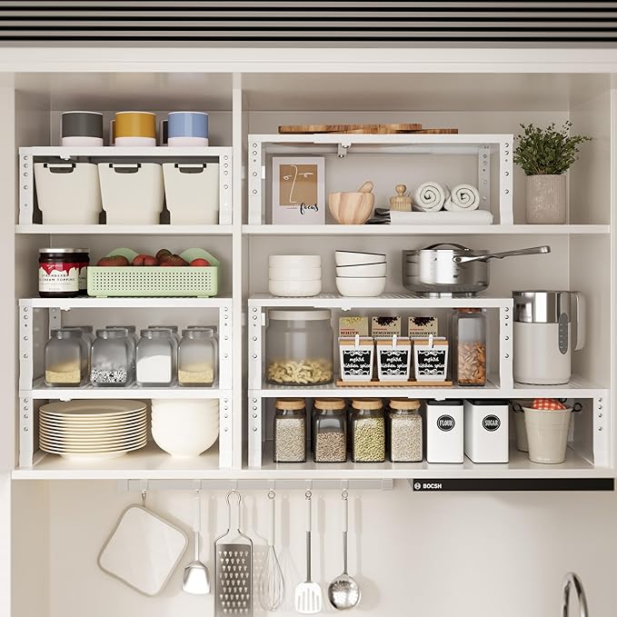 Zilvando Expandable Spice Rack & Kitchen Cabinet Organizer - Stackable, Adjustable Shelves for Cabinets, Countertops, Cupboards & Pantries(1 Pack/Medium/White)