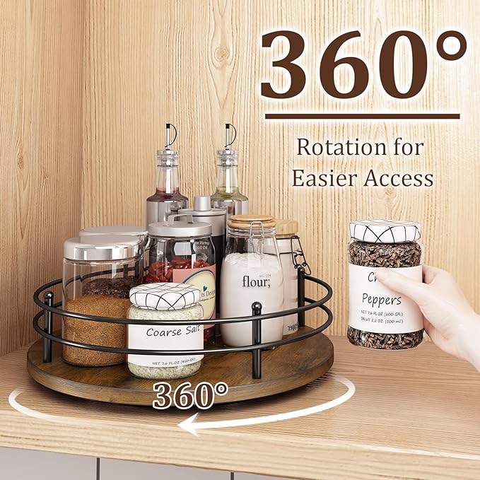 LIAISIMI 12" Lazy Susan Turntable Organizer,Round Wooden Lazy Susan Organization and Rotating Spice Rack for Dining Table,Pantry,Kitchen Countertop,Vanity,Cupboard and More. (Heightened Version,Round)