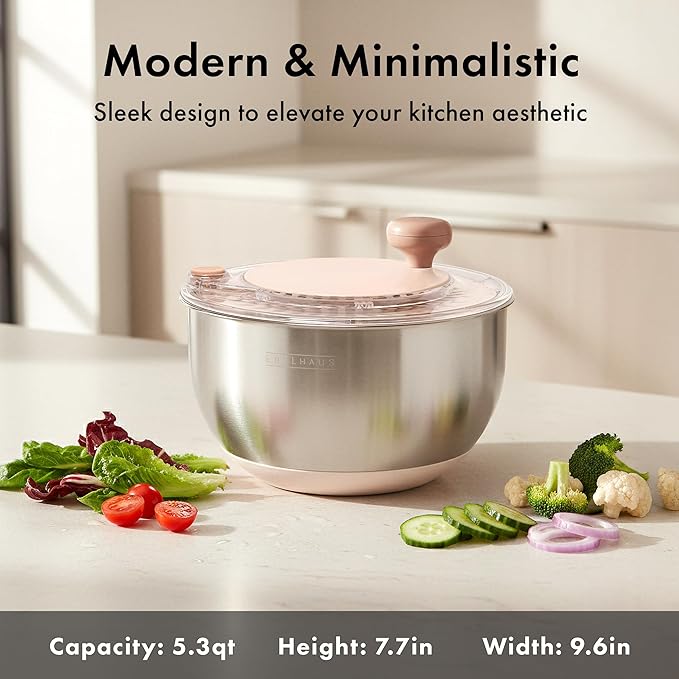 EDELHAUS Salad Spinner Stainless Steel 5.3Qt | Lettuce Spinner BPA-Free with Stop Button, Drain Spout & Crank Handle | Fruit Cleaner | Vegetable Washer Salad Cleaner, Non-Slip Base Dishwasher Safe