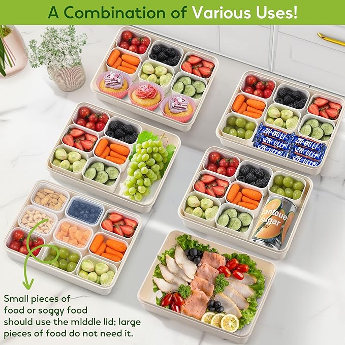 Snackle Box Container for Adults with 9 Compartment, Divided Serving Tray Snack Box Containers with Lid and Handle, Charcuterie Boxes Portable Snack Platter for Fruit Veggie Party Travel, White