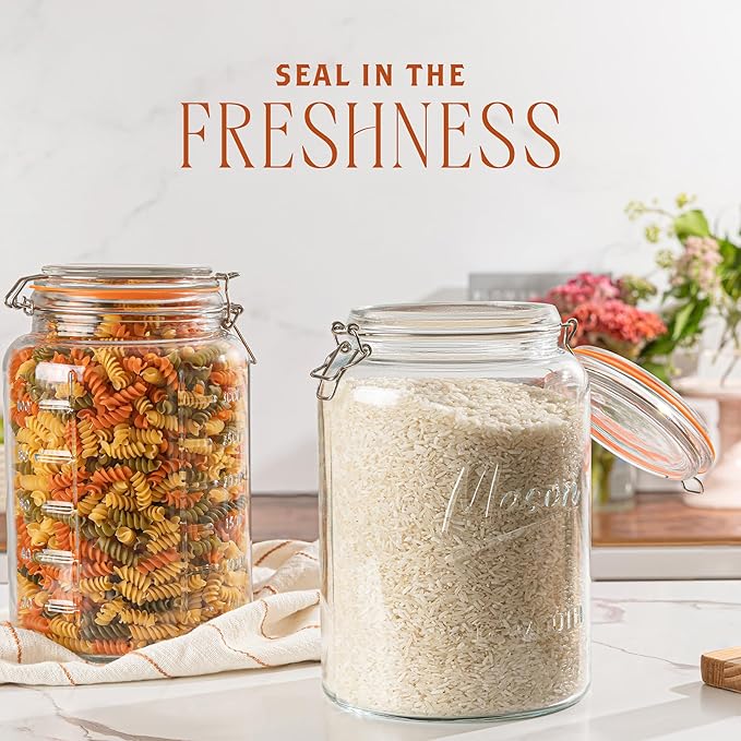 kitchentoolz 1 Gallon Glass Mason Storage Jars with Airtight Lids & Measurment Marks, Super Wide Mouth Canning Jars with Large Capacity for Pickles, Water Glassing & Overnight Oats - 2 Pack