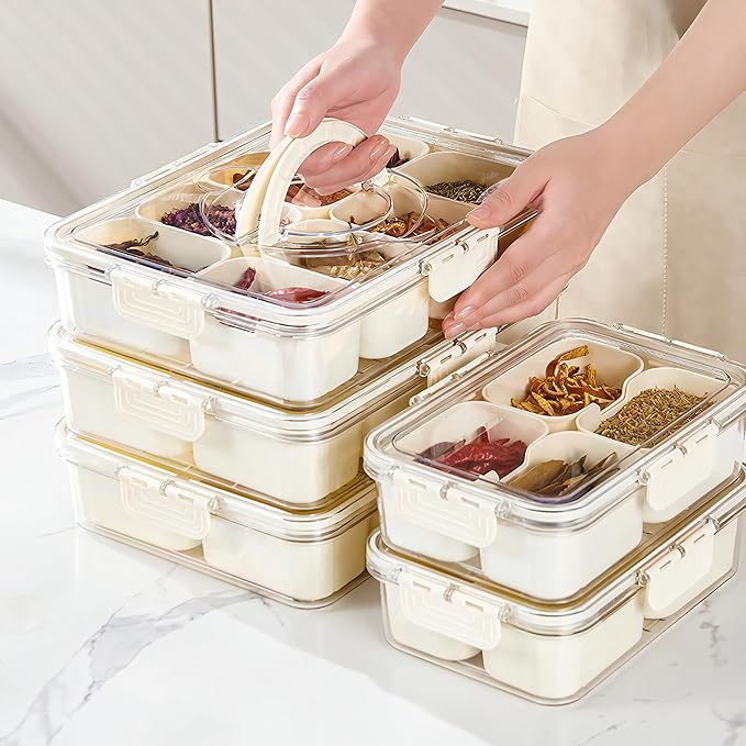 MineSign 2Pack Snackle Box with Handle for Food Serving Tray Snack Platter with Lids Stackable Fruit&Veggie Container with 8 Small Removable Boxes for Snack Charcuterie Candy Nuts Spice