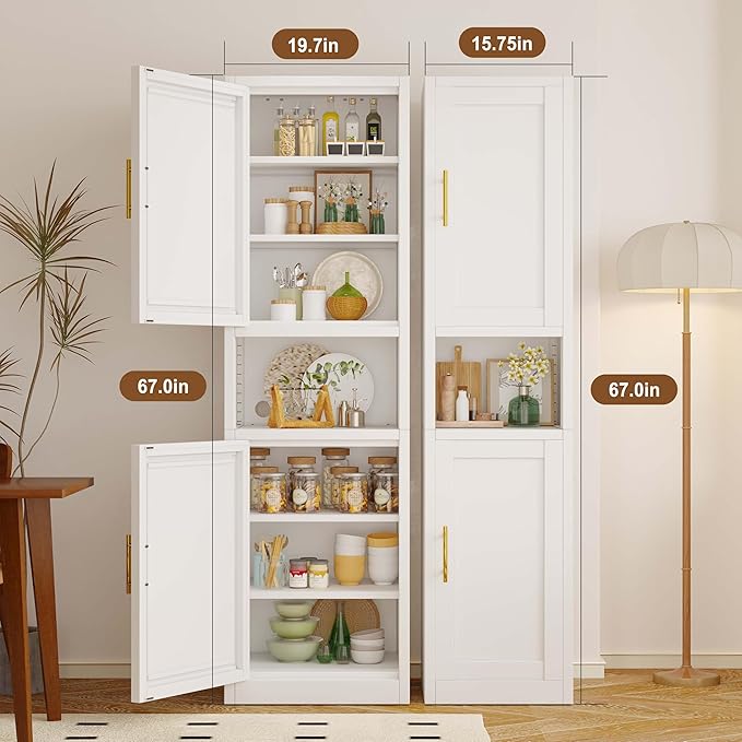67" Tall Narrow Storage Cabinet Metal Bathroom Cabinet with 2 Doors & 4 Adjustable Shelves, Standing Pantry Cabinets Cupboard for Kitchen, Dining Room, Living Room and Bathroom (White)