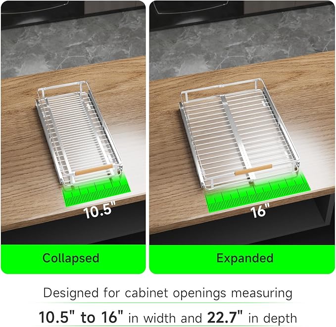 SOFRON Expandable Pull Out Drawers for Cabinets, Kitchen Cabinet Slide Out Shelves, Adjustable Roll Out Drawers, Stainless Steel, Small 2 Pack, (10.5"-16") W * 22.7"D