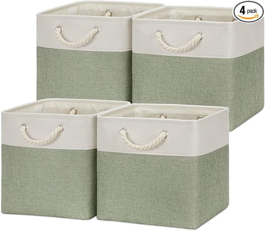 Temary Cube Storage Baskets for Shelves 12 Inch Storage Cubes 4pack Fabric Storage Baskets for Organizing Clothes, Closet Basket with Rope Handles for Home (White&Green)