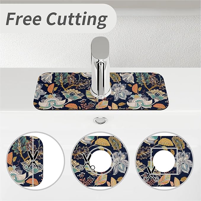 Kitchen Sink Splash Guard，Colorful flowers leaves Faucet Mat Sink Gadgets-Super Absorbent Fast Drying Mat Drip Catcher for Kitchen, Bathroom,Sink Mat, Dish Drying Mat, Bathroom(15" X 5.5" )