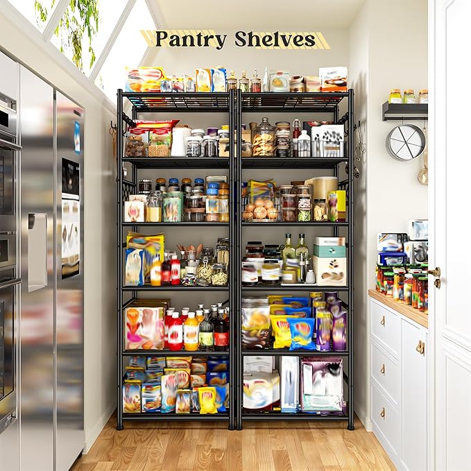Storage Shelves-6 Tier Metal Shelving Unit with Hooks,Heavy Duty Garage Shelving with Leveling Feet,High Standing Shelf Organizer for Kitchen Pantry Bathroom Dorm,17.7”W×11.8”D ×72.2”H,Black