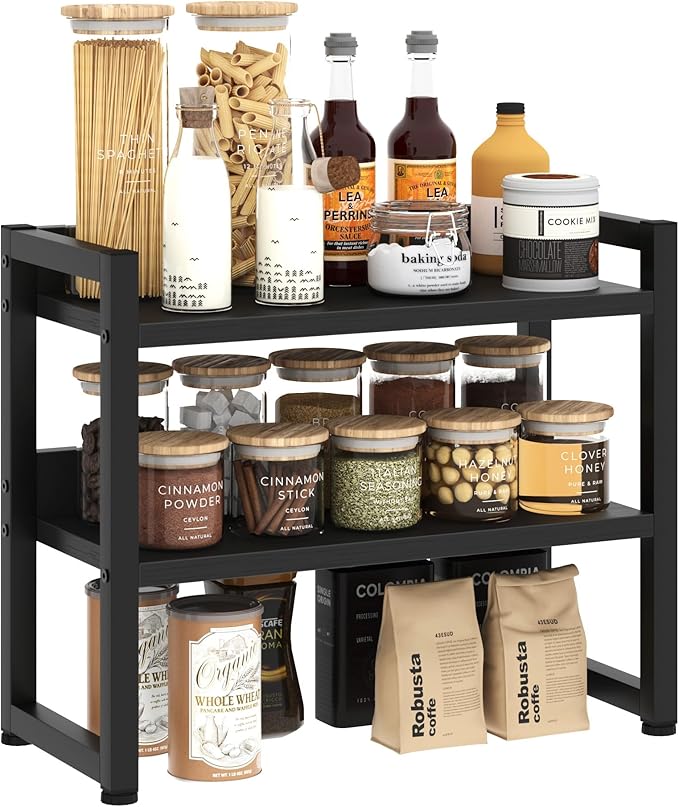 KOPEAYA Kitchen Countertop Shelf Organizer, 3 Tier Large Kitchen Storage Spice Rack Cabinet Organizer with Metal Leg for Countertop Pantry, Coffee Bar Organizer, Bathroom Countertop Organizer, Black