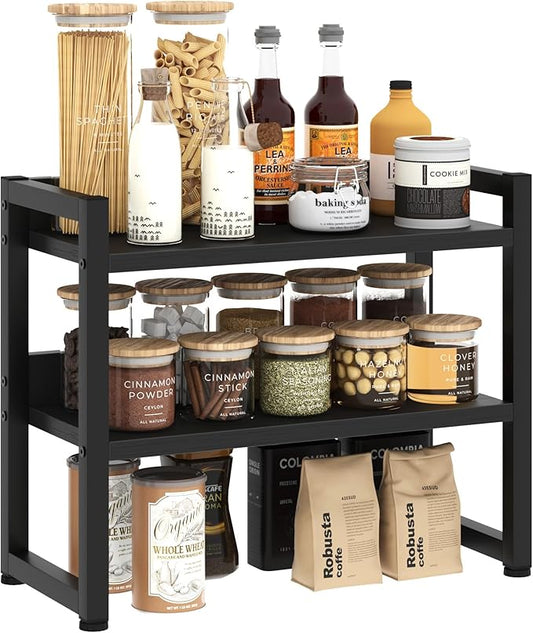 KOPEAYA Kitchen Countertop Shelf Organizer, 3 Tier Large Kitchen Storage Spice Rack Cabinet Organizer with Metal Leg for Countertop Pantry, Coffee Bar Organizer, Bathroom Countertop Organizer, Black