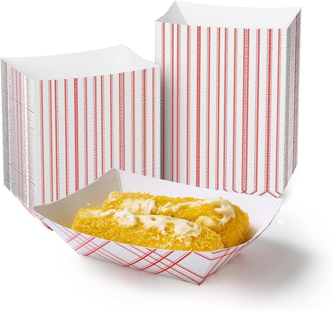 ECOLipak 250 Pack 2lb Paper Food Tray Red, Disposable Paper Food Boats, Food Holder Trays, Serving Boats for Taco Hot Dog Snack Fries Dessert Popcorn Sauce Nacho
