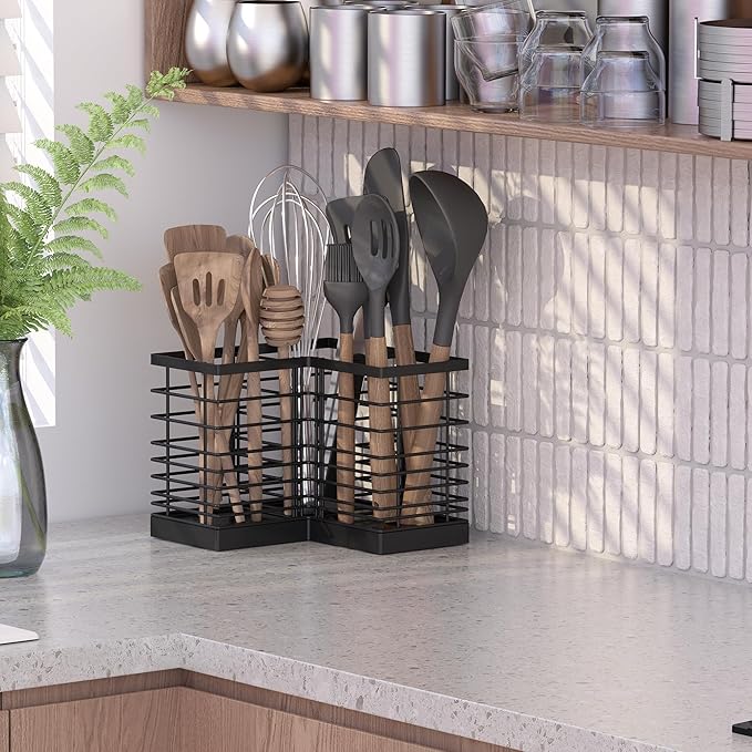 Suli Extra Large Kitchen Utensil Holder with 3 Compartments，Matte Black Metal Corner Kitchen Caddy for Countertop，Farmhouse Rustic Cooking Storage-Black