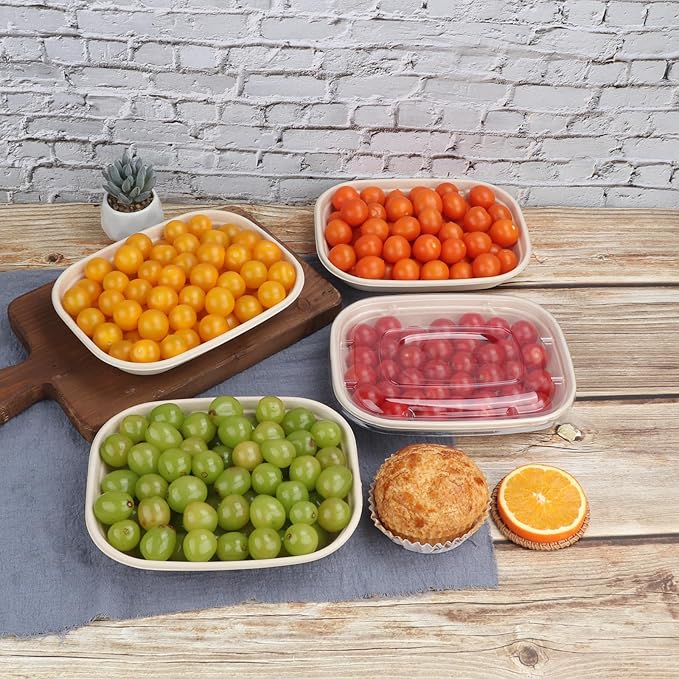 JAYEEY 28 oz Disposable salad bowls with lids, Sugarcane Fiber Paper Bowls take away food containers meal prep Plant Fiber deli container 50 Pack