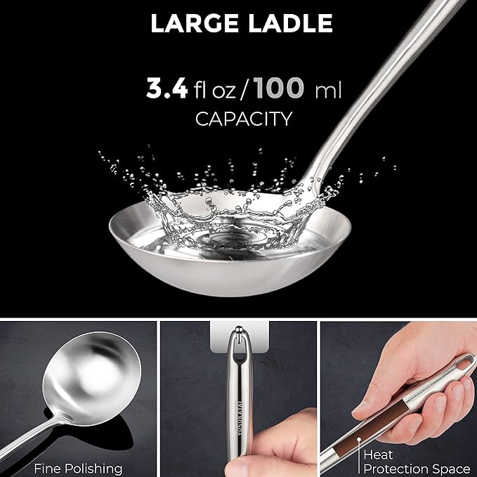 YOSUKATA Blue Carbon Steel Round Bottom Wok Pan 14" + Stainless Steel Wok Lid + 17’’ Spatula and Ladle - Set of 2 Heat-Resistant Tools