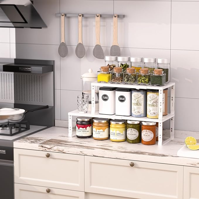 Zilvando Heavy-Duty Adjustable Metal Shelf Organizer - Expandable & Stackable Pantry Storage Rack for Kitchen, Bathroom, RV, Cabinets(3 Packs/White,Medium)