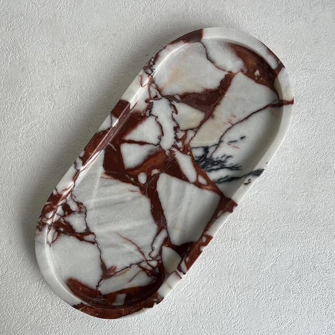 SAIDKOCC Natural Marble Oval Tray Ornaments Vintage Small Tray Storage Dish for Counter, Vanity, Dresser, Nightstand and Desk (Calacatta Red)