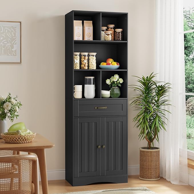 Gizoon 71'' Tall Storage Cabinet, Bathroom Storage Cabinet, Kitchen Pantry with Doors & Drawers, Adjustable Shelves, Anti-tip, Metal Handle, for Bathroom, Living Room, Office, Kitchen, with Black