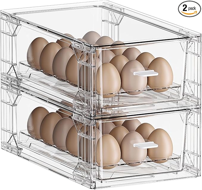 BPA-Free Egg Storage Drawer - Stackable Refrigerator Egg Tray, 2 Pack, 36 Egg Tray.