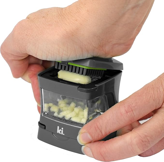 Kitchen Innovations Garlic-A-Peel Garlic Press, Crusher, Cutter, Mincer, and Storage Container - Includes Silicone Garlic Peeler - Easy to Clean - Stainless Steel Blades – (Grey), standard