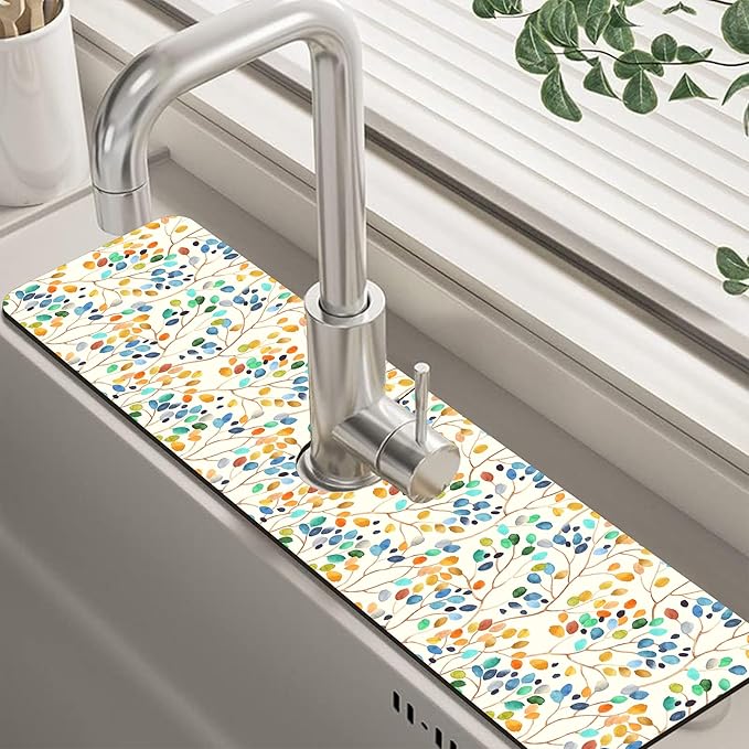 Abstract Watercolor Leaves Sink Faucet Absorbing Mat Sink Splash Guard Faucet Mat Draining Mat Fast Drying Sink Protectors for Kitchen and Bathroom 5.5"×24"