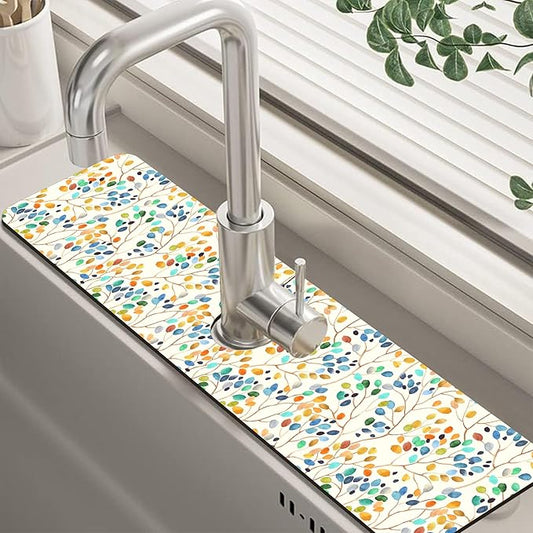 Abstract Watercolor Leaves Sink Faucet Absorbing Mat Sink Splash Guard Faucet Mat Draining Mat Fast Drying Sink Protectors for Kitchen and Bathroom 5.5"×24"