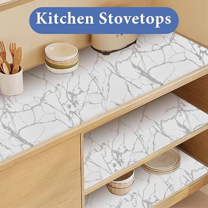 Drawer and Shelf Liner for Kitchen Cabinet: 23.6 in X 20 Ft Non Slip Waterproof Shelf Paper Non Adhesive Refrigerator Liners Silver Marble Easy Liners for Bathroom with Knife Tape Measure