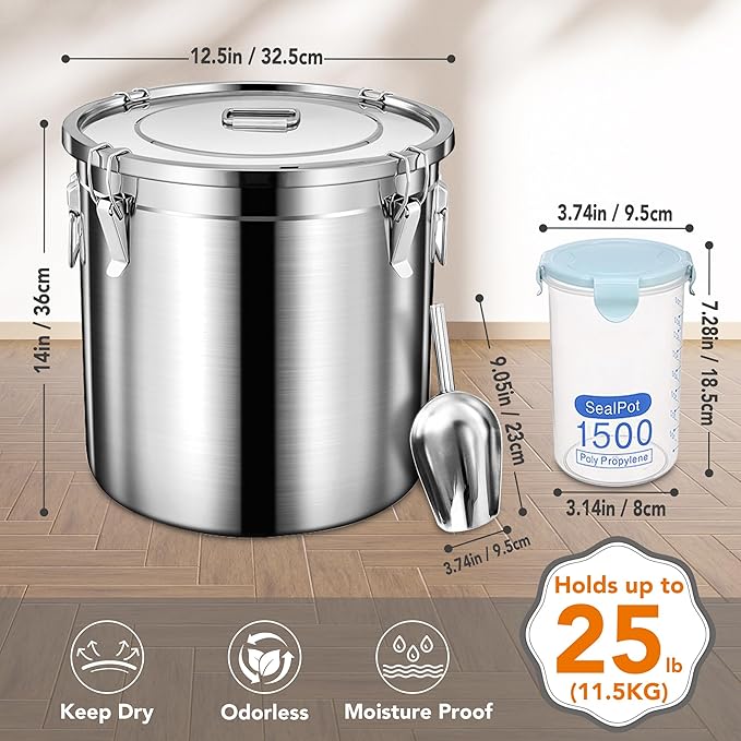 Newget Dog Food Storage Containers, Large Stainless Steel Pet Food Storage Containers 25 lb / 11.5 kg to Keep Fresh, Metal Airtight Cat Food Containers With Scoop and 2 Small Containers