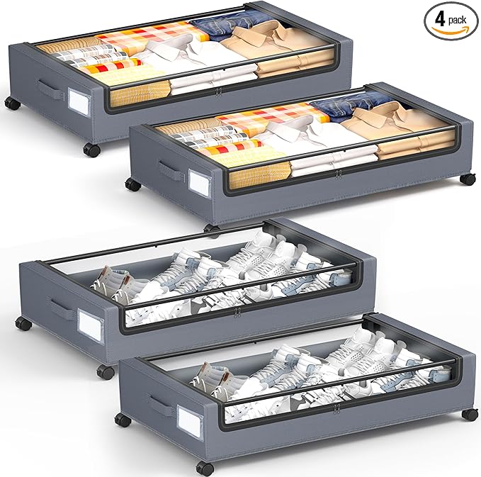 Under Bed Storage with Wheels, Square Under Bed Storage Containers, 4 Pack Under The Bed Storage Bins, Under Organizer with Clear Lids-60L Rolling Underbed Storage For Clothes, Shoes...