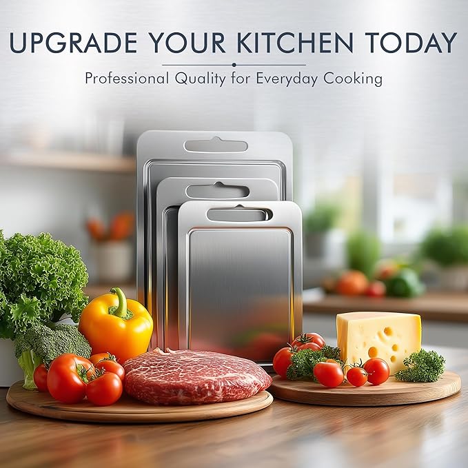 Metal Cutting Boards for Kitchen - Stainless Steel Cutting Board with Juice Grooves, Double Sided, 3 Pack Sizes, Durable and Clean Chopping Boards for Home or Professional Use