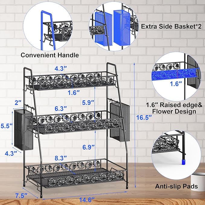 IBEDMAZIE 3-Tier Large Size Storage Rack,Counter Organiztion for Bathroom Countertop Organizer Shelf for Spice Racks for Kitchen/Sink/Bedroom/Living room/Office/Plant Rack with Two Metal Baskets