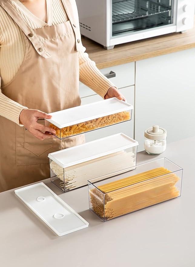 Hanobe Pasta Containers for Pantry Large Spaghetti & Noodle & Lasagna Canister 2 Pcs Clear Grey Rectangular Canister with Lock Lids Durable BPA-Free Plastic Food Keeper for Fridge Kitchen Cabinet