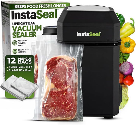 Vacuum Sealer for Food with 12 Bags, Preserves Foods 5x Longer, Space Saving Compact Upright Design Allows Machine to Heat Seal Marinades, Soups, Meats for Sous Vide Cooking
